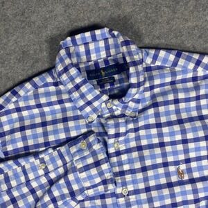 Ralph Lauren Men Slim Fit Stretch Oxford Blue Gingham Button Down Shirt L